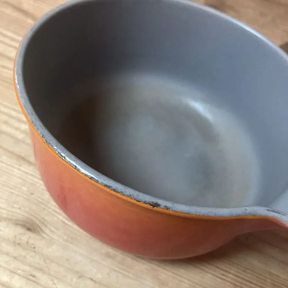 Vintage Le Creuset #14 Flame Orange Enameled Cast Iron Wood Handle Saucepan